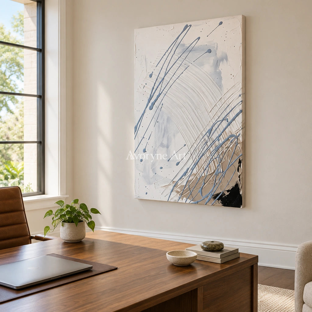 Golden Dialogue linear abstract wall art as a frameless stretched canvas in a home office