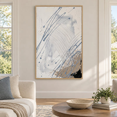 Golden Dialogue linear abstract wall art with a wood frame in a villa living space