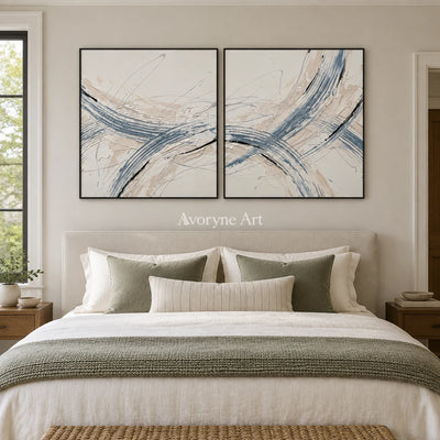 Golden Drift linear abstract diptych with a black frame above a bed in a bedroom