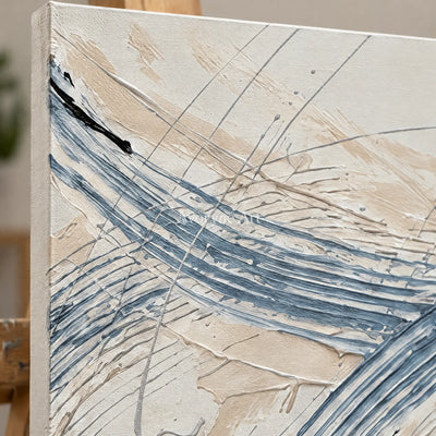 Close-up of the hand-painted texture of Golden Drift linear abstract diptych on an easel
