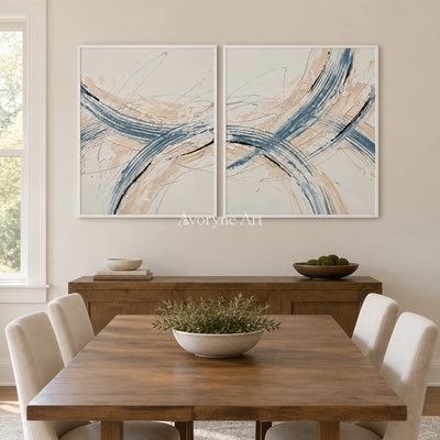 Golden Drift linear abstract diptych with a white frame in a dining room
