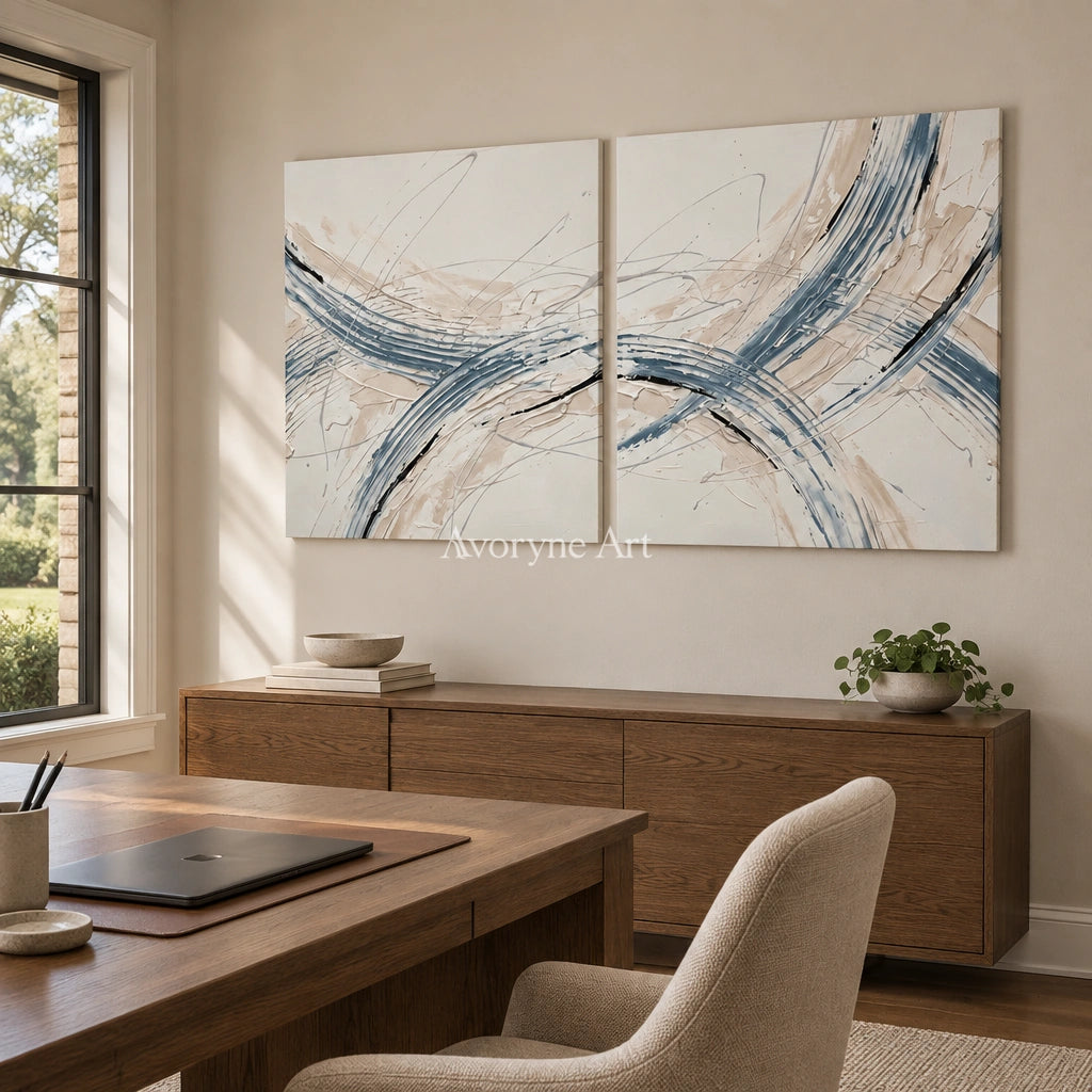Golden Drift linear abstract diptych as a frameless stretched canvas in a home office