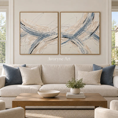 Golden Drift linear abstract diptych with a wood frame in a villa living space