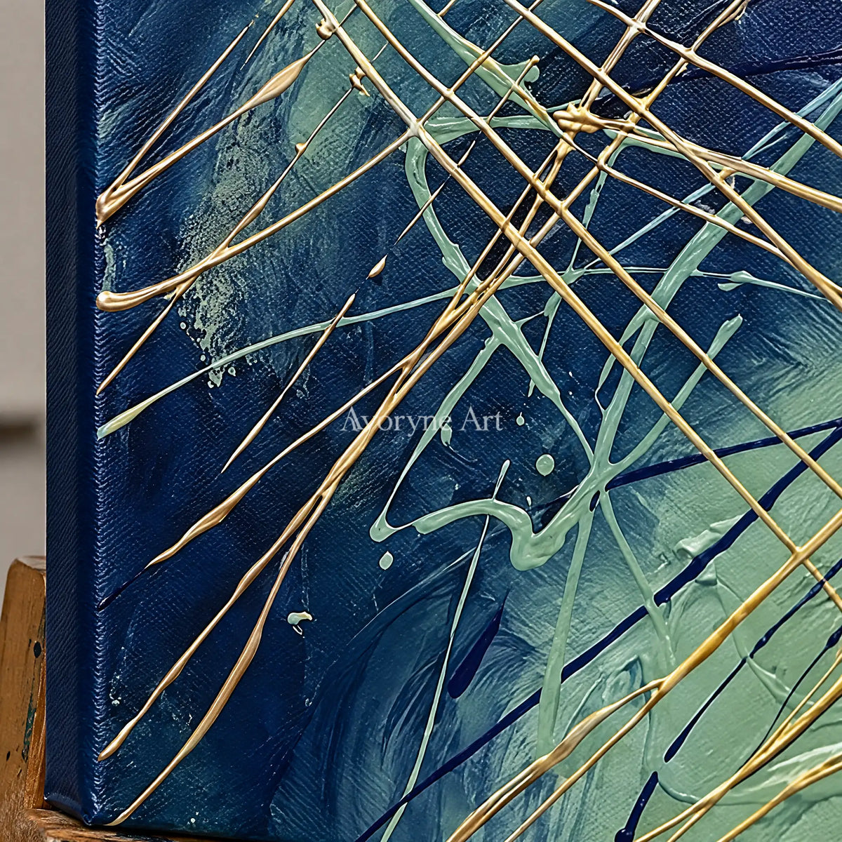 Close-up of the hand-painted texture of Silver Vista linear abstract triptych on an easel