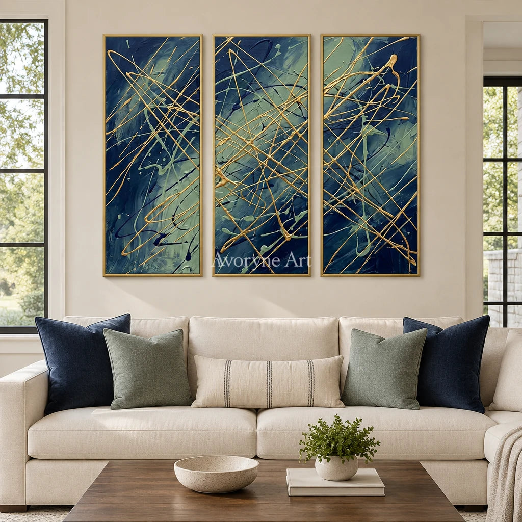 Silver Vista linear abstract triptych with a gold frame hanging in a living room