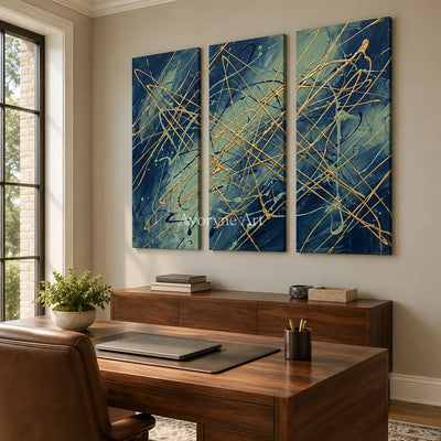 Silver Vista linear abstract triptych as a frameless stretched canvas in a home office