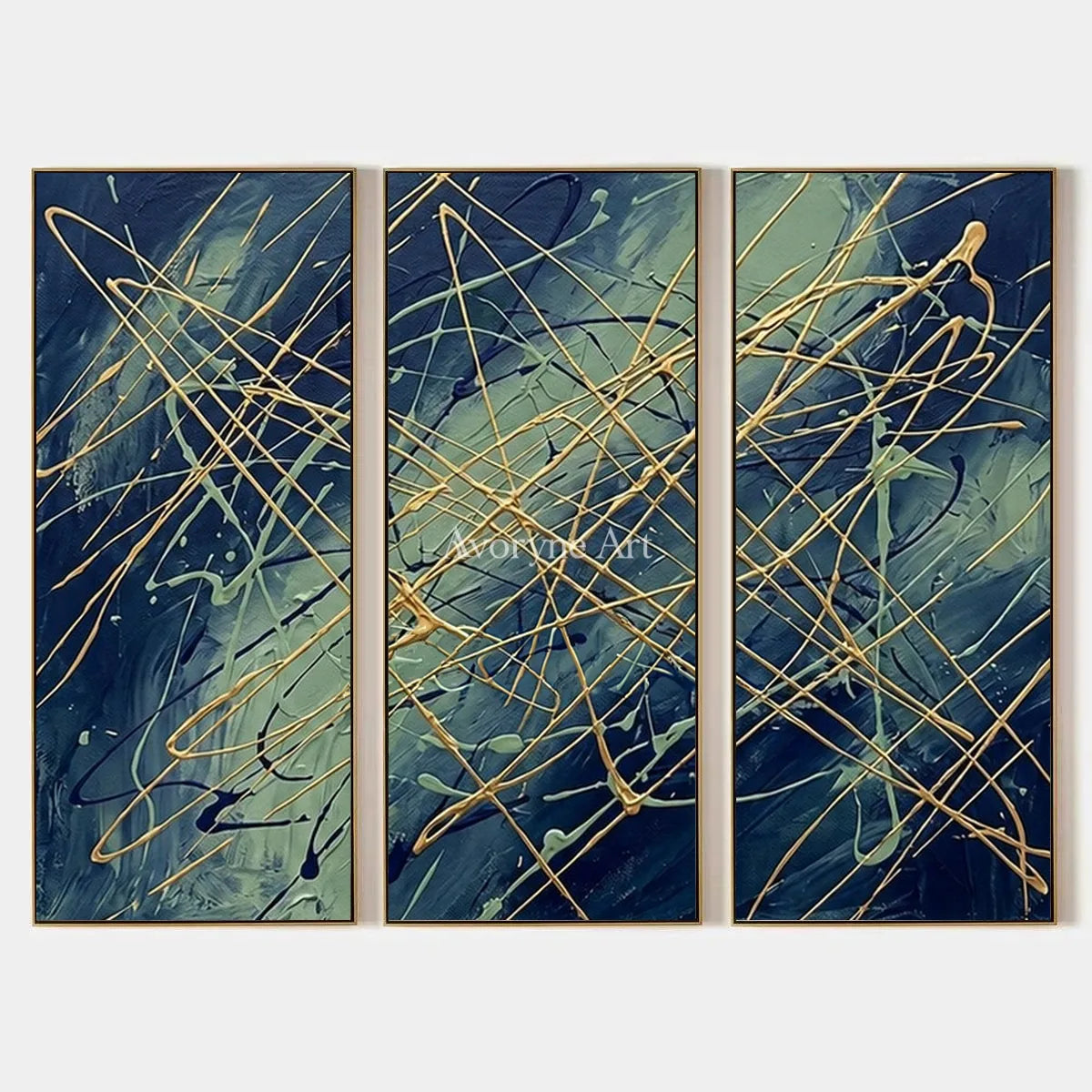 Silver Vista, hand-painted linear abstract triptych by Mei Arlen Zhao