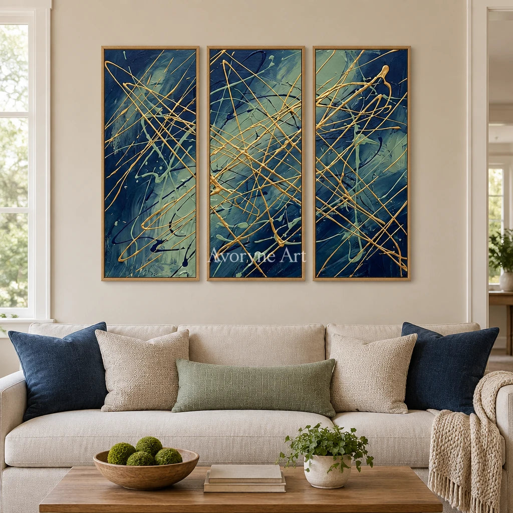 Silver Vista linear abstract triptych with a wood frame in a villa living space