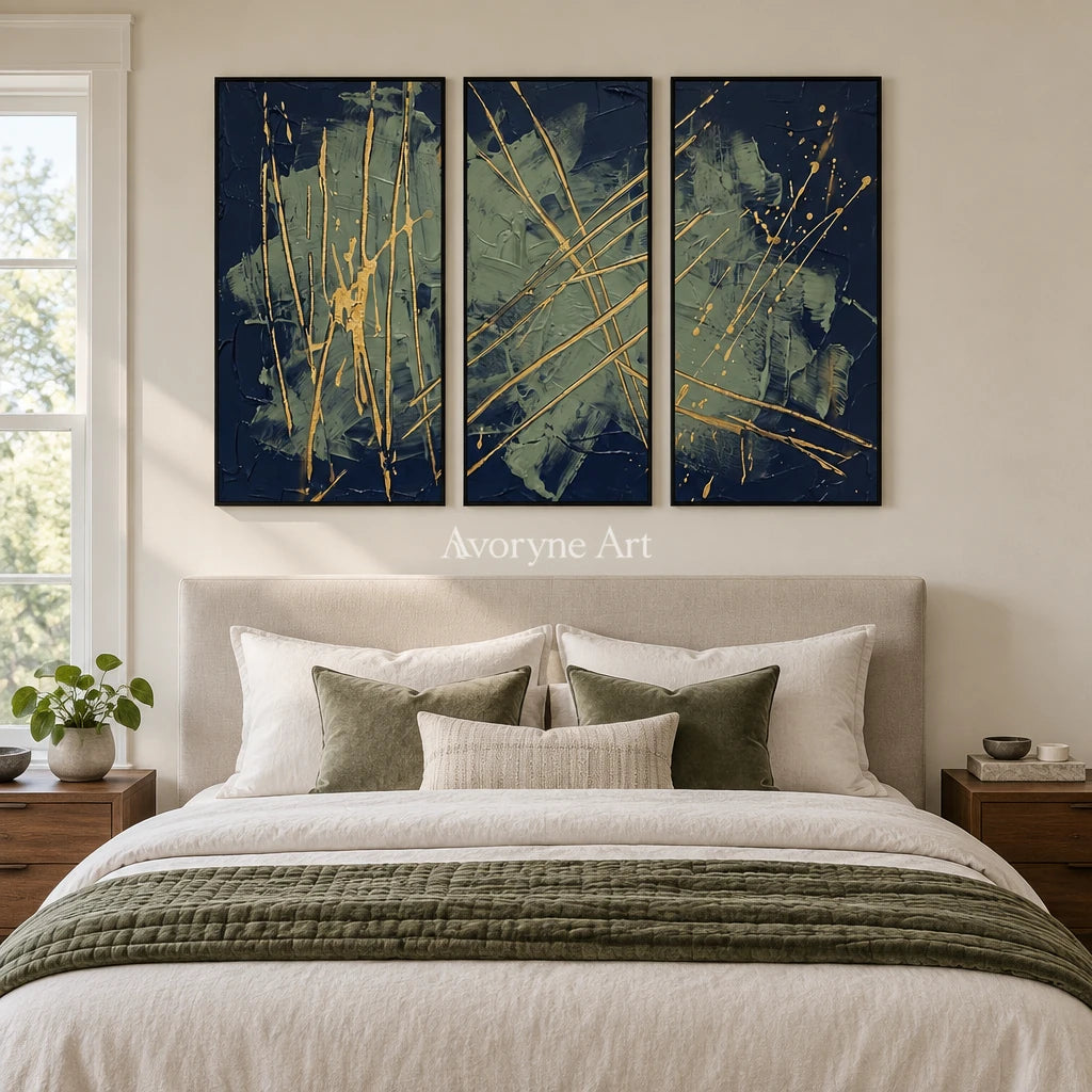 Silver Solace linear abstract triptych with a black frame above a bed in a bedroom