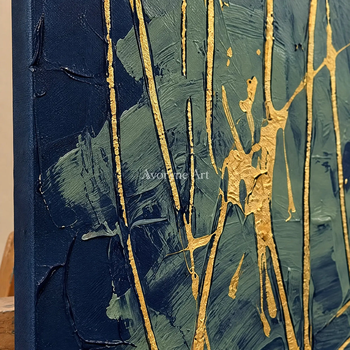 Close-up of the hand-painted texture of Silver Solace linear abstract triptych on an easel