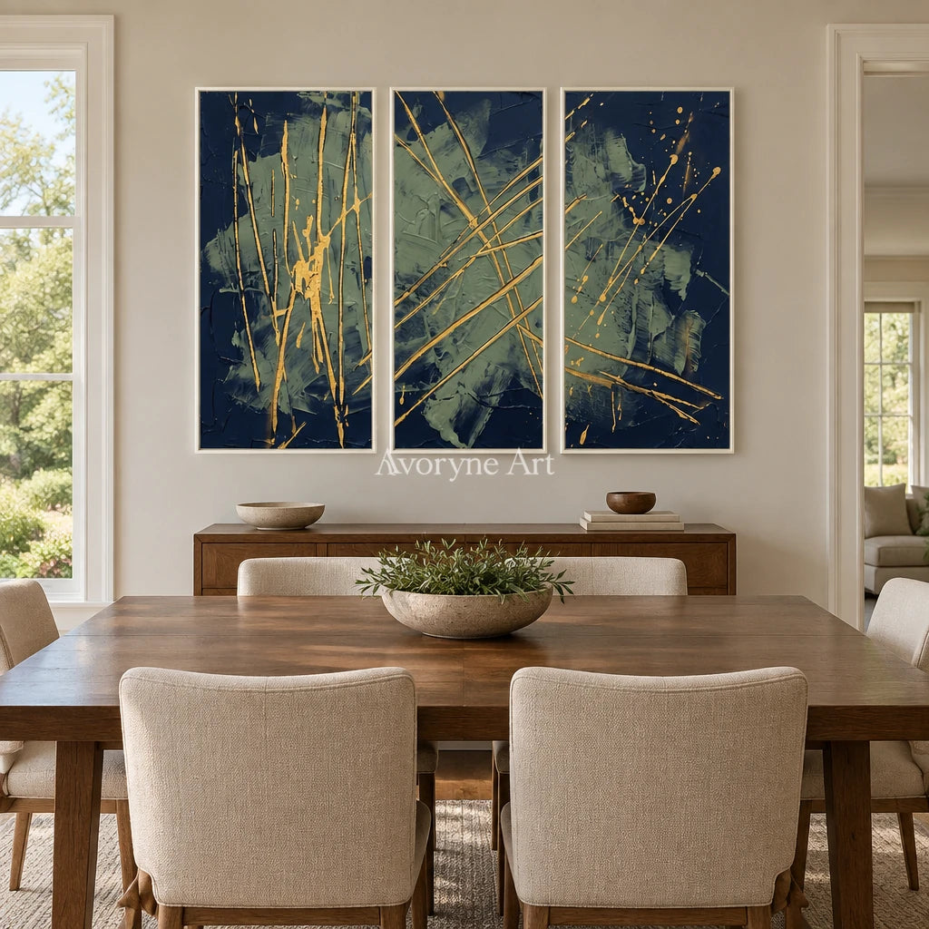 Silver Solace linear abstract triptych with a white frame in a dining room