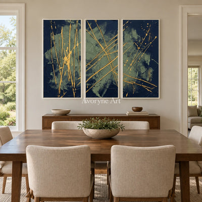 Silver Solace linear abstract triptych with a white frame in a dining room
