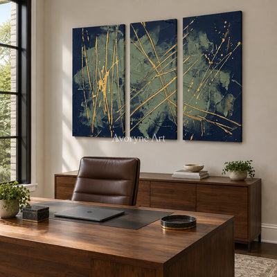 Silver Solace linear abstract triptych as a frameless stretched canvas in a home office