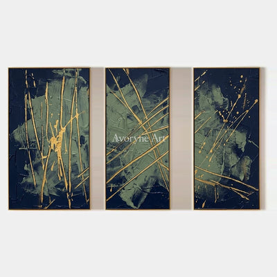 Silver Solace, hand-painted linear abstract triptych by Mei Arlen Zhao