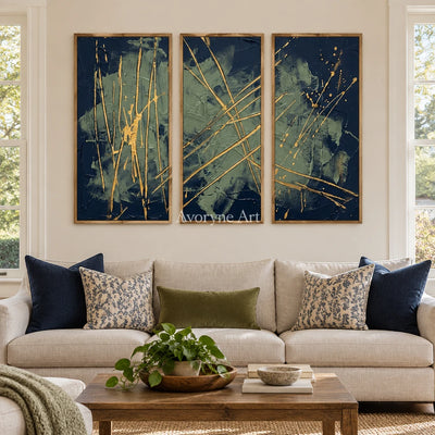 Silver Solace linear abstract triptych with a wood frame in a villa living space