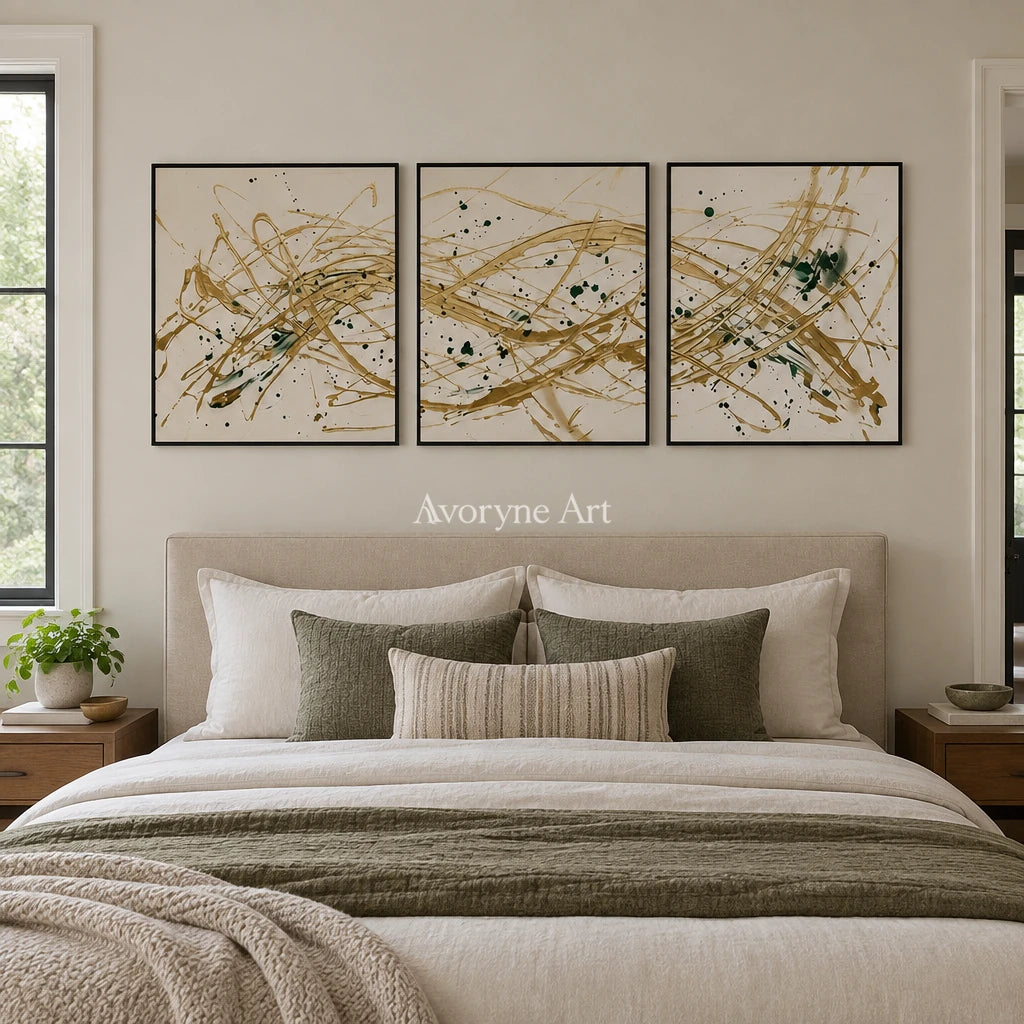 Golden Reverie linear abstract triptych with a black frame above a bed in a bedroom
