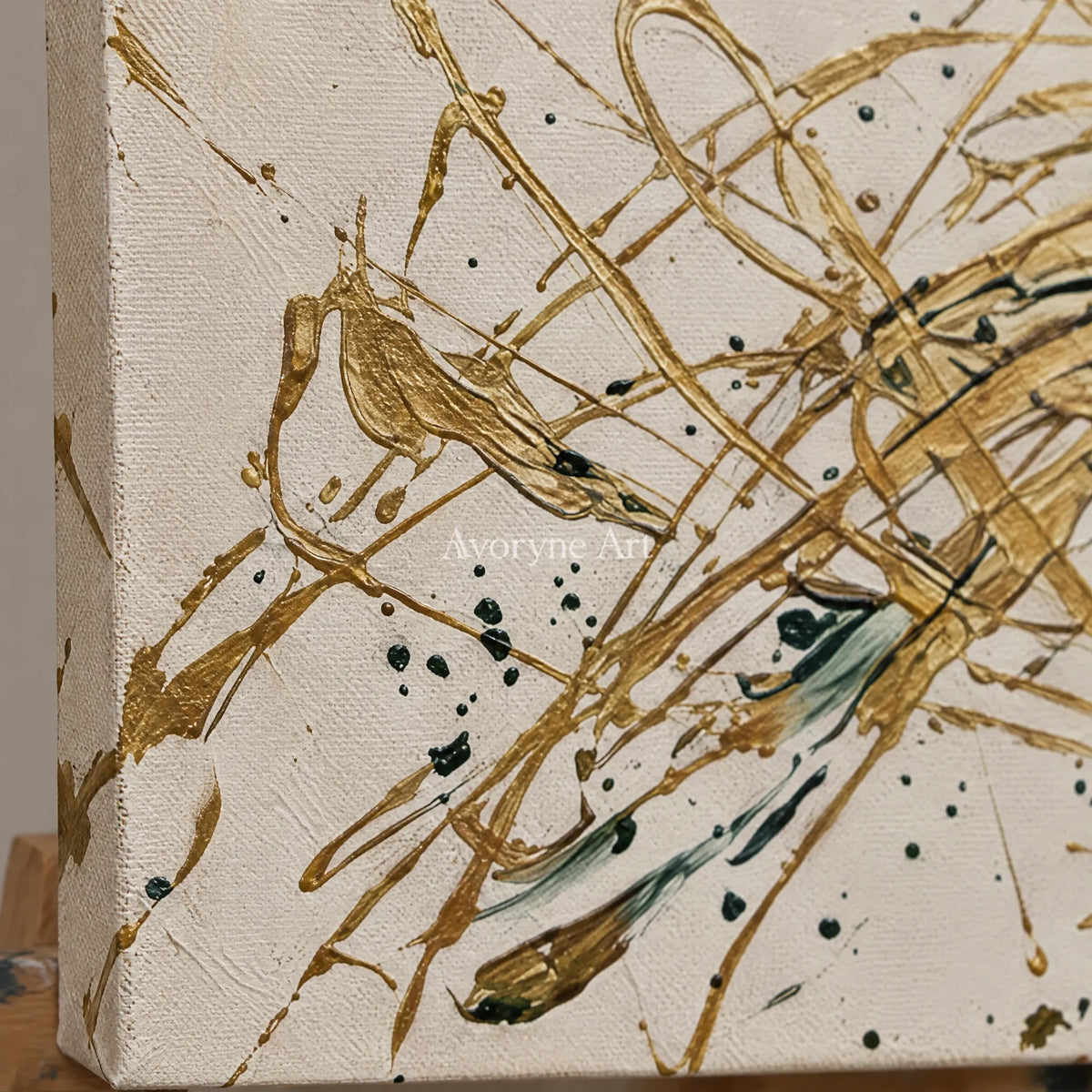 Close-up of the hand-painted texture of Golden Reverie linear abstract triptych on an easel