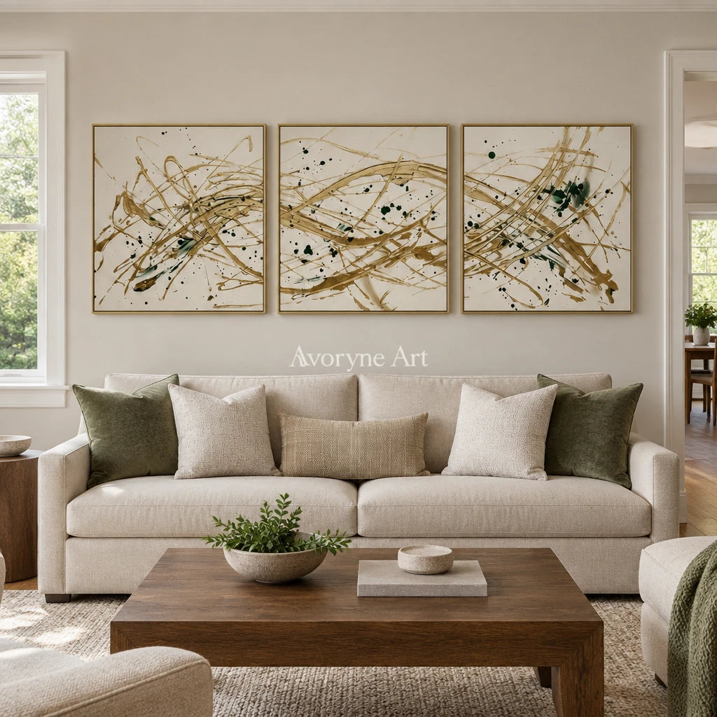 Golden Reverie linear abstract triptych with a gold frame hanging in a living room