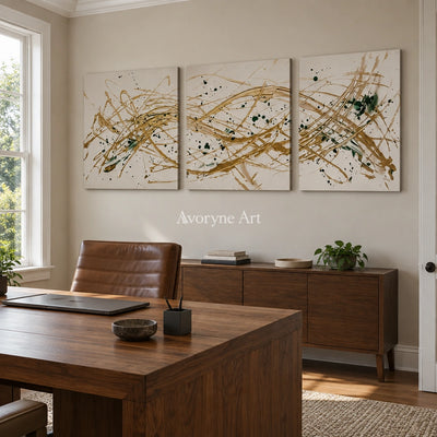 Golden Reverie linear abstract triptych as a frameless stretched canvas in a home office