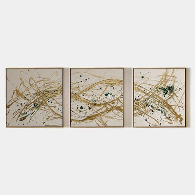 Golden Reverie, hand-painted linear abstract triptych by Mei Arlen Zhao