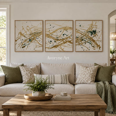 Golden Reverie linear abstract triptych with a wood frame in a villa living space