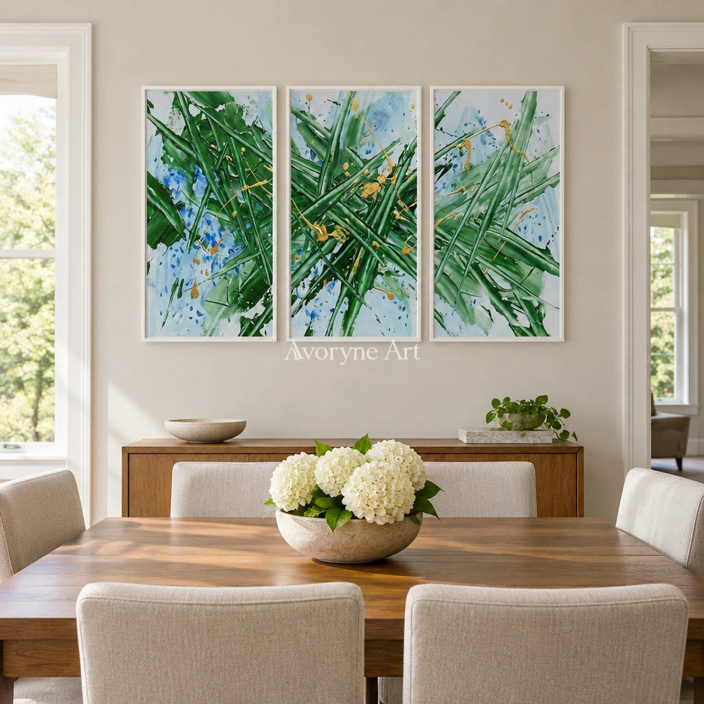 Golden Memory linear abstract triptych with a white frame in a dining room
