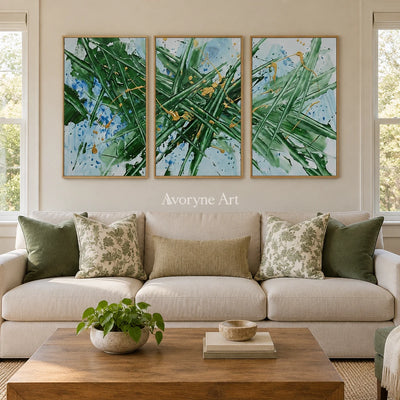 Golden Memory linear abstract triptych with a wood frame in a villa living space