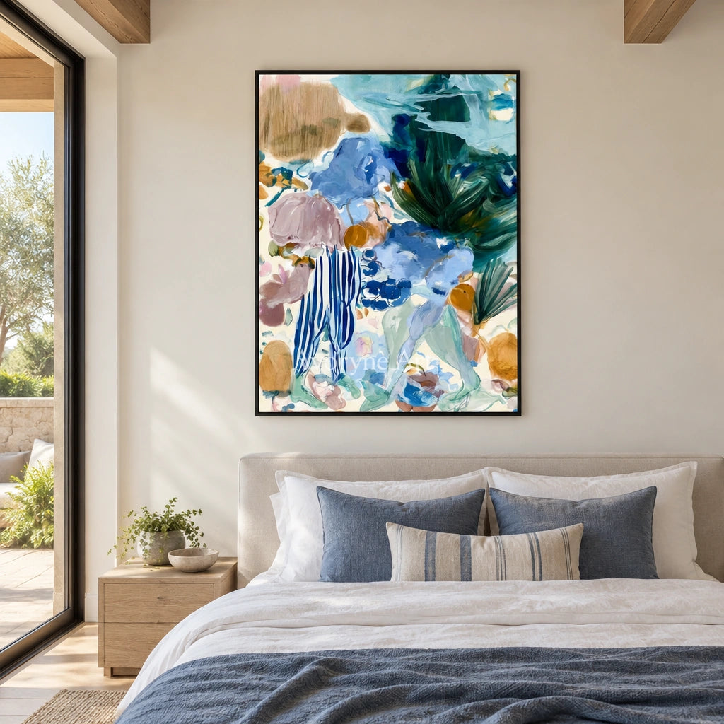 Ivory Painted Meadow: Marine Botanical Art — bedroom black