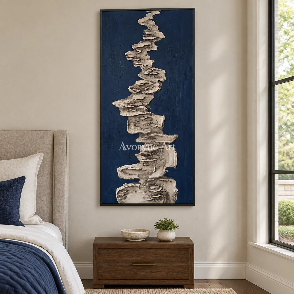 Amber Cadence mineral texture wall art with a black frame above a bed in a bedroom