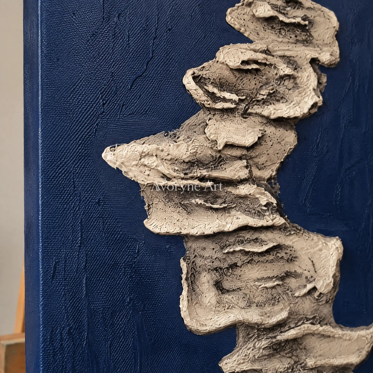 Close-up of the hand-painted texture of Amber Cadence mineral texture wall art on an easel