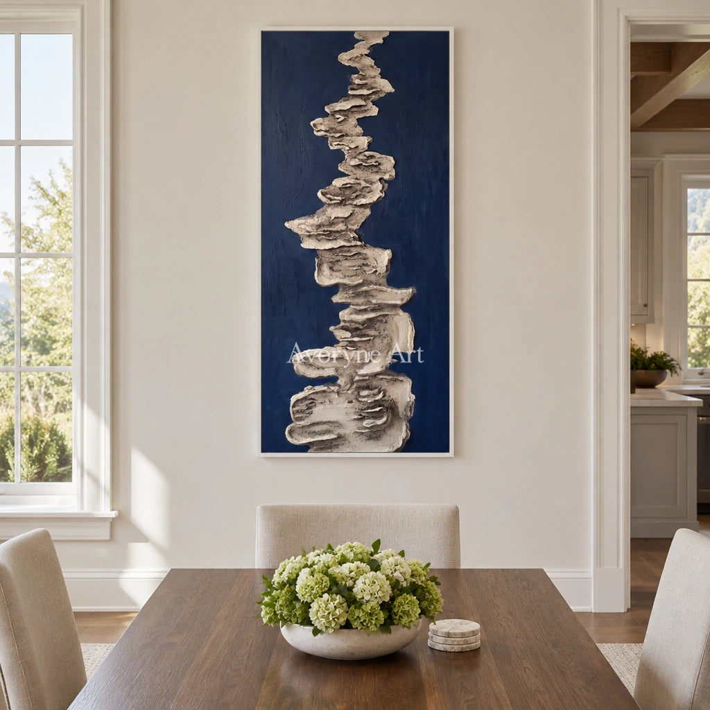 Amber Cadence mineral texture wall art with a white frame in a dining room