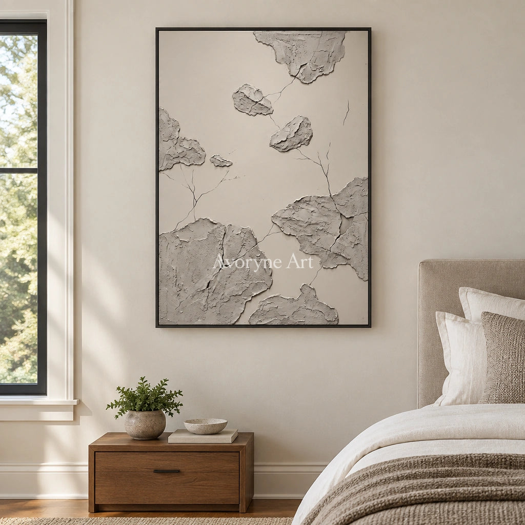 Amber Verse mineral texture wall art with a black frame above a bed in a bedroom