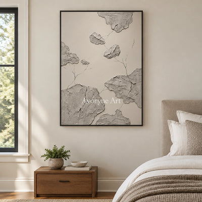 Amber Verse mineral texture wall art with a black frame above a bed in a bedroom