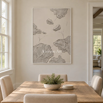 Amber Verse mineral texture wall art with a white frame in a dining room