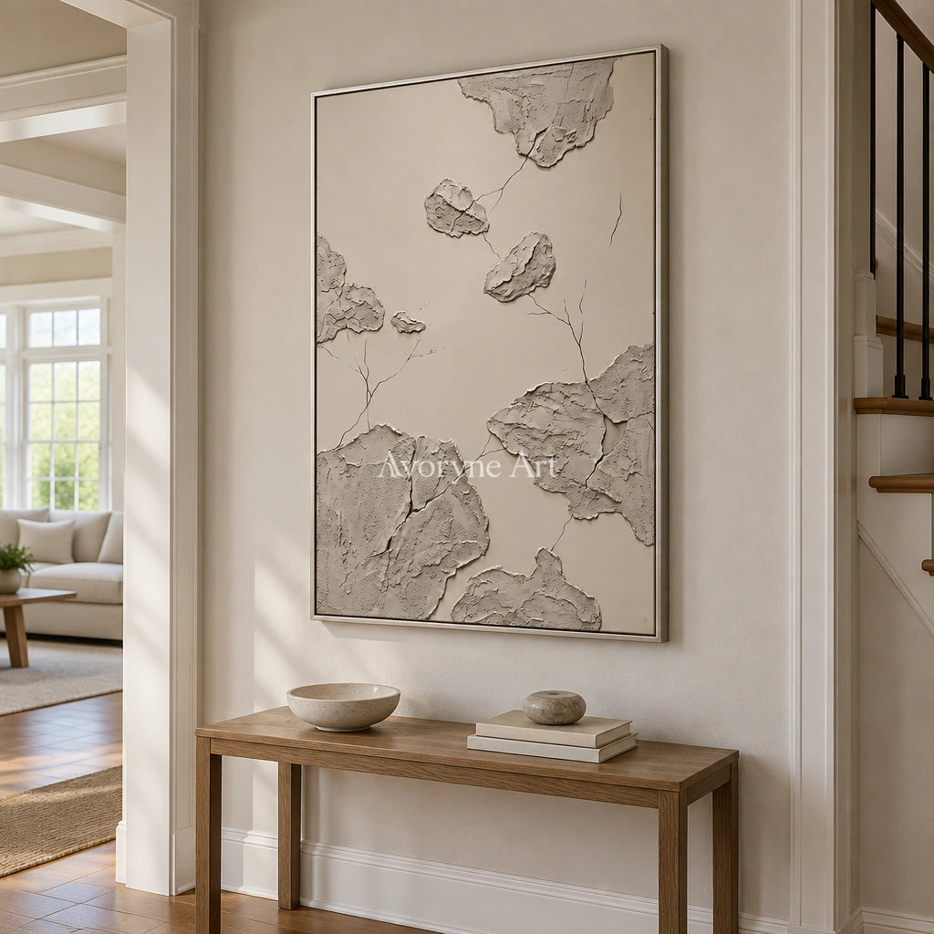 Amber Verse mineral texture wall art with a silver frame in an entryway
