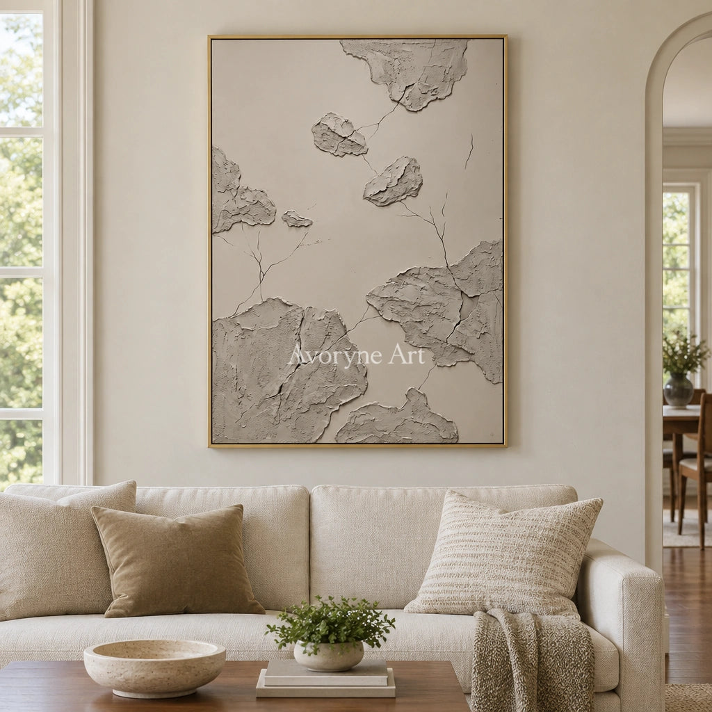 Amber Verse mineral texture wall art with a gold frame hanging in a living room