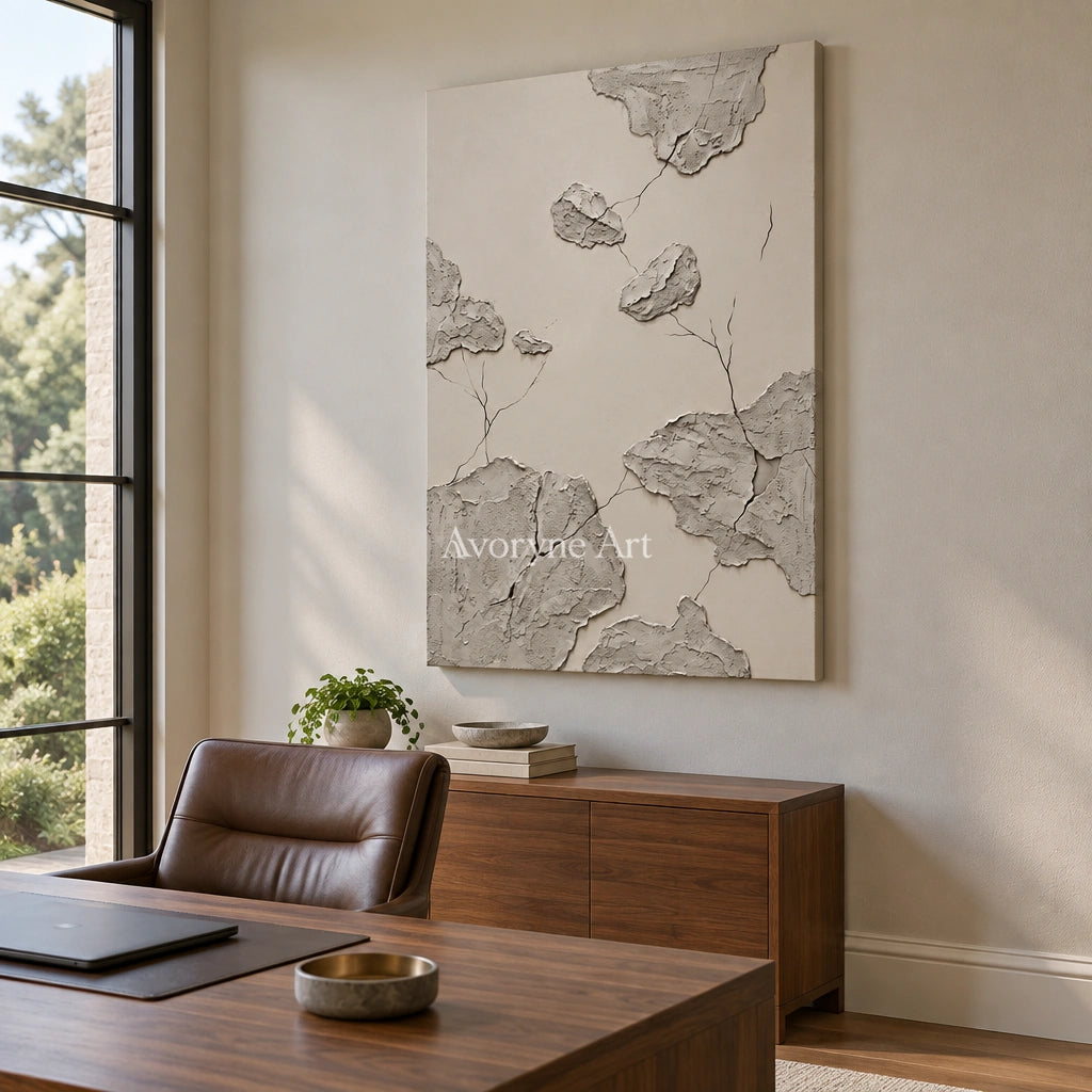 Amber Verse mineral texture wall art as a frameless stretched canvas in a home office