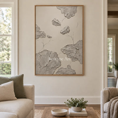 Amber Verse mineral texture wall art with a wood frame in a villa living space
