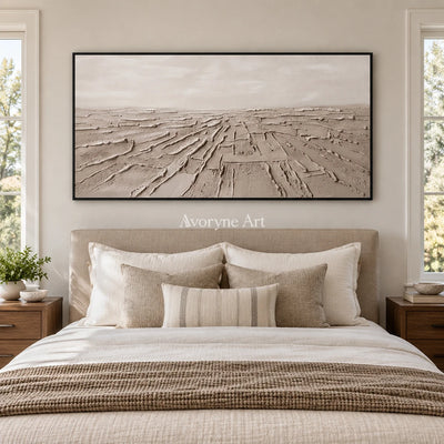 Soft Verse mineral texture wall art with a black frame above a bed in a bedroom