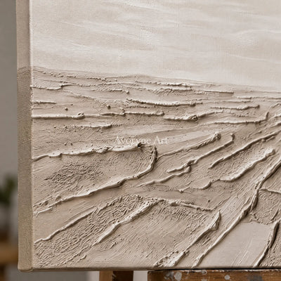 Close-up of the hand-painted texture of Soft Verse mineral texture wall art on an easel