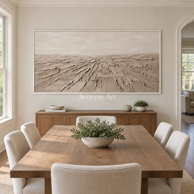Soft Verse mineral texture wall art with a white frame in a dining room