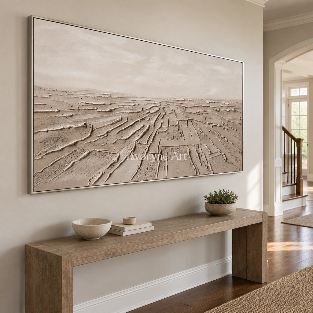 Soft Verse mineral texture wall art with a silver frame in an entryway