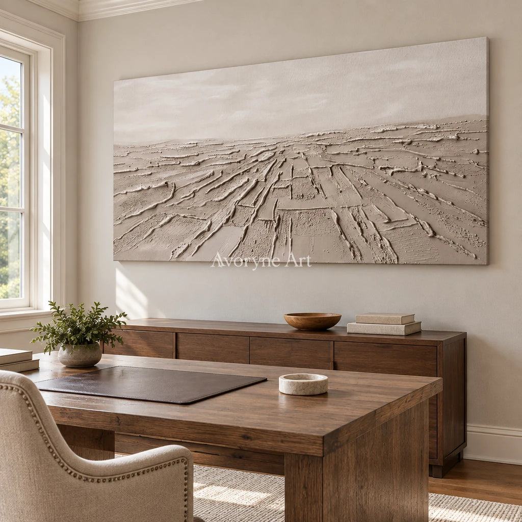 Soft Verse mineral texture wall art as a frameless stretched canvas in a home office