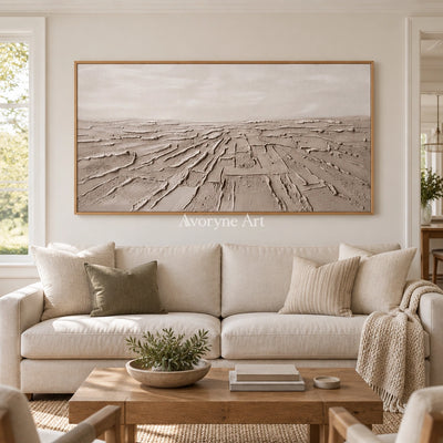 Soft Verse mineral texture wall art with a wood frame in a villa living space