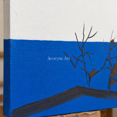 Close-up of the hand-painted texture of Deep Reverie minimal branch wall art on an easel