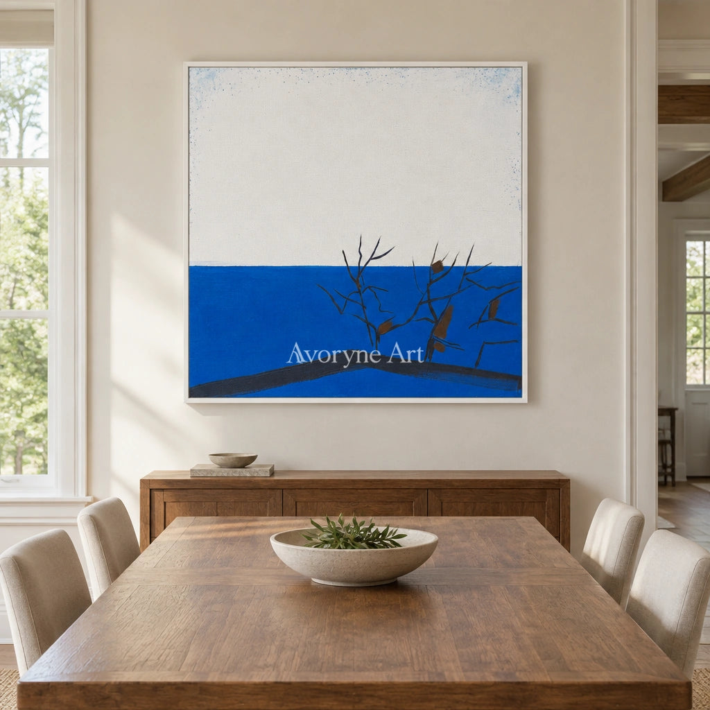 Deep Reverie minimal branch wall art with a white frame in a dining room