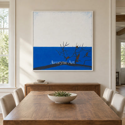 Deep Reverie minimal branch wall art with a white frame in a dining room