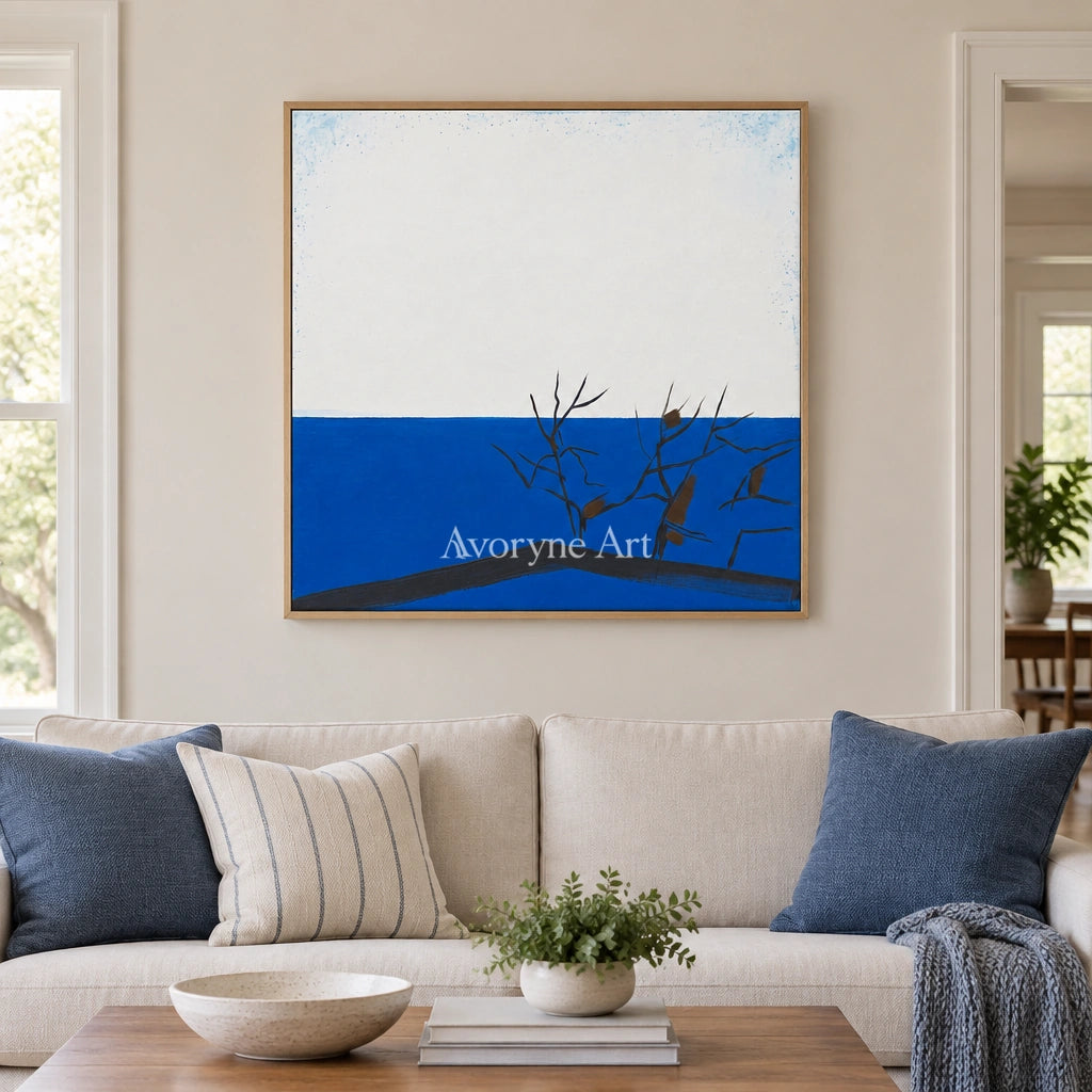 Deep Reverie minimal branch wall art with a wood frame in a villa living space