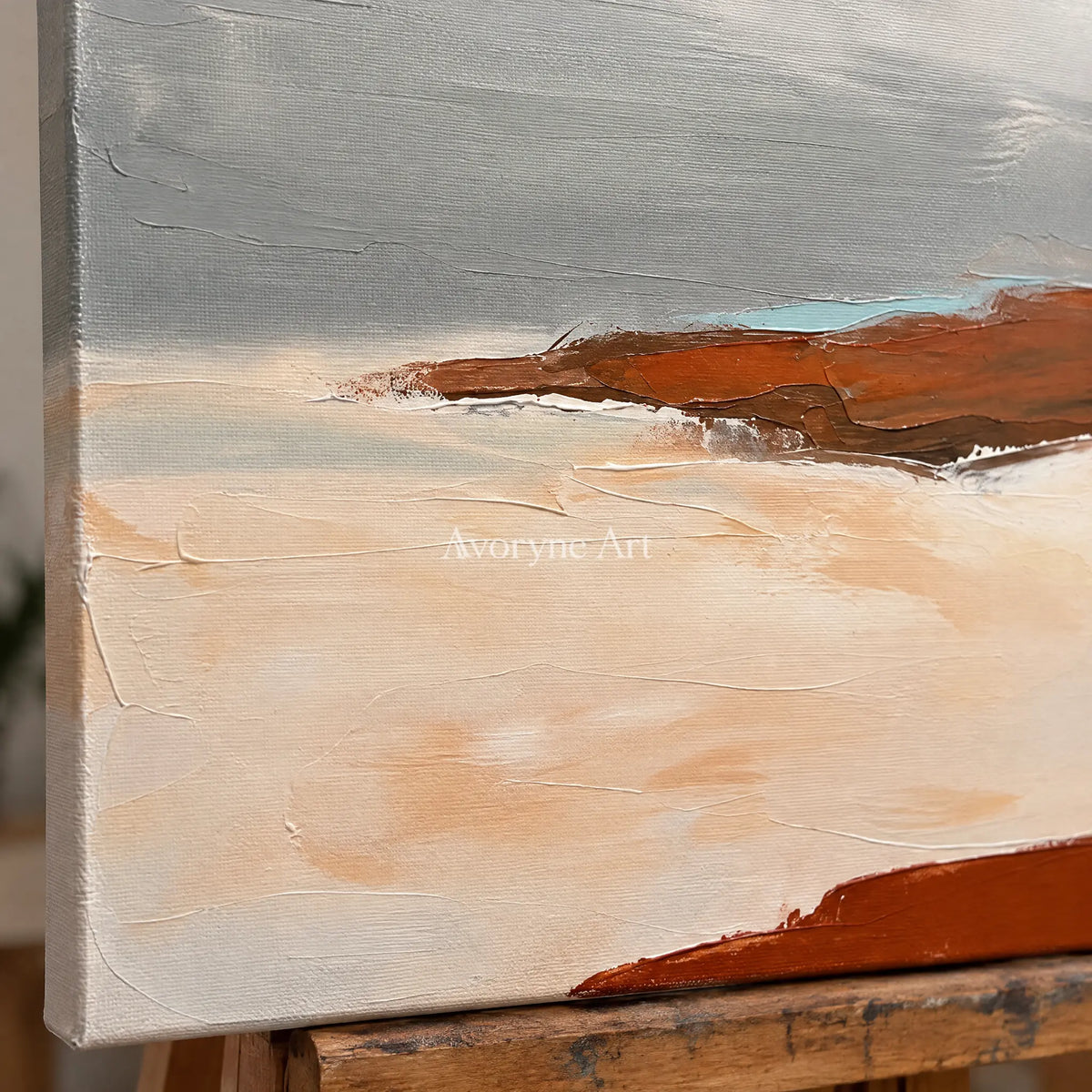 Close-up of the hand-painted texture of Blue Prelude minimal landscape wall art on an easel