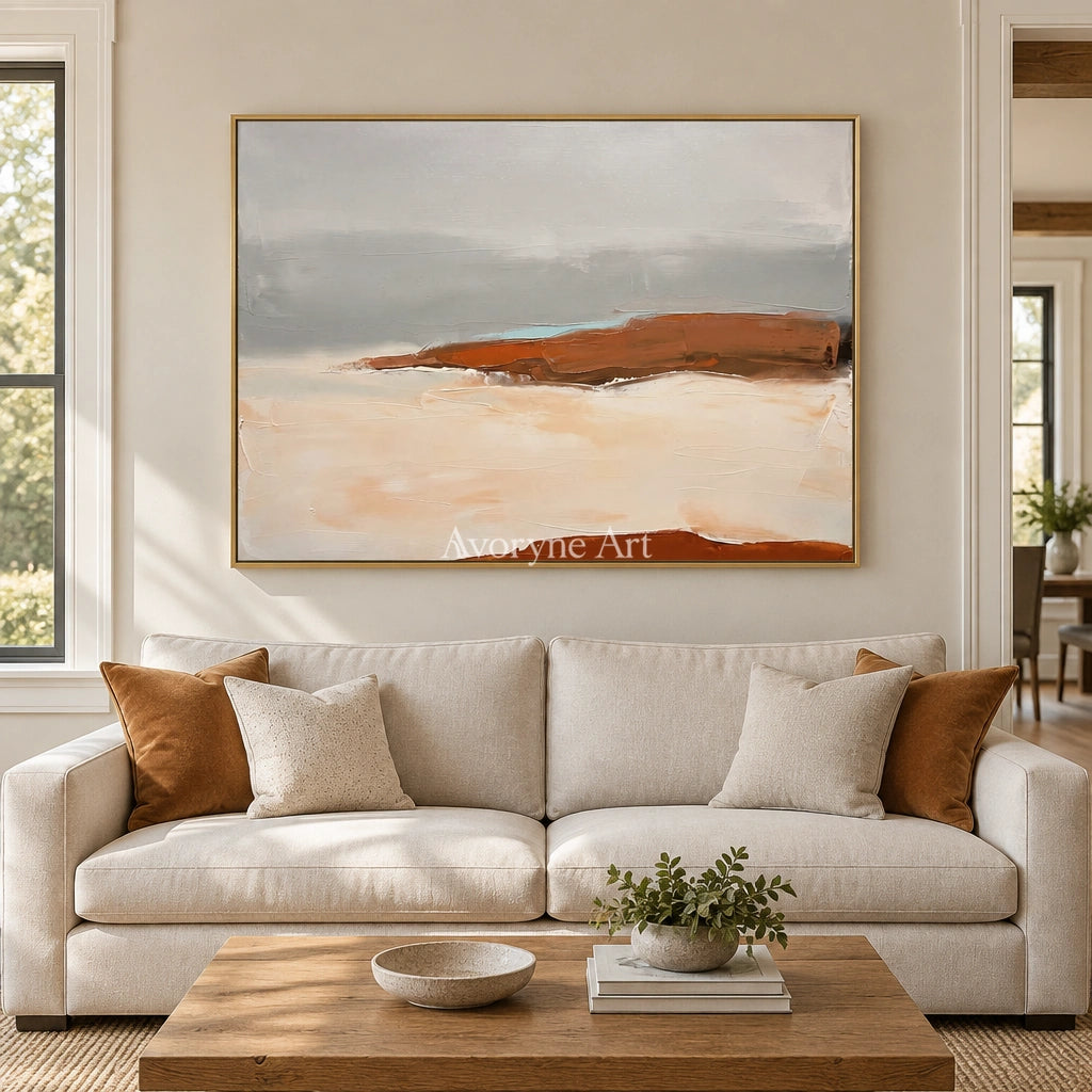 Blue Prelude minimal landscape wall art with a gold frame hanging in a living room